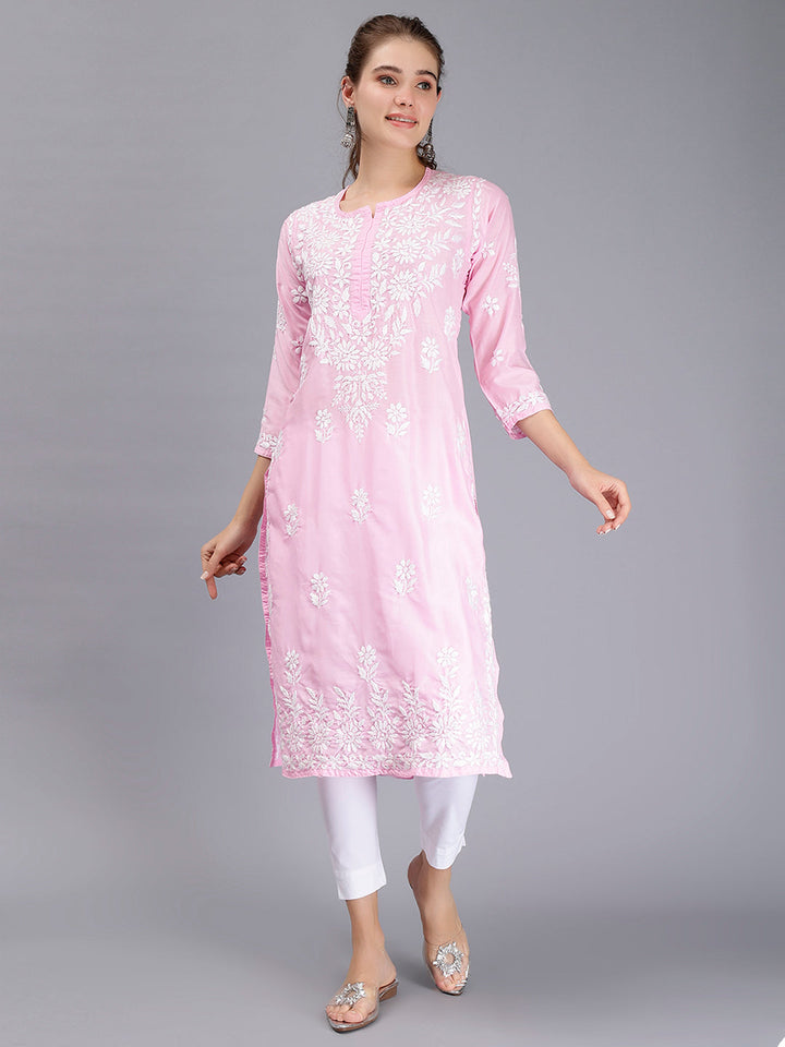 Pink Muslin Handwoven Chikankari Kurti