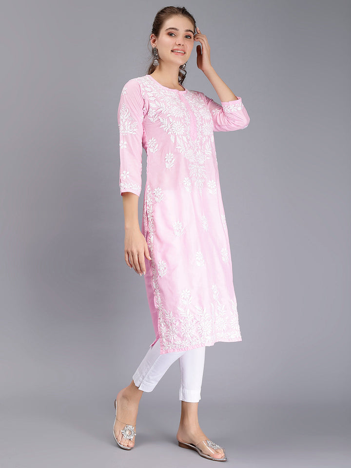 Pink Muslin Handwoven Chikankari Kurti