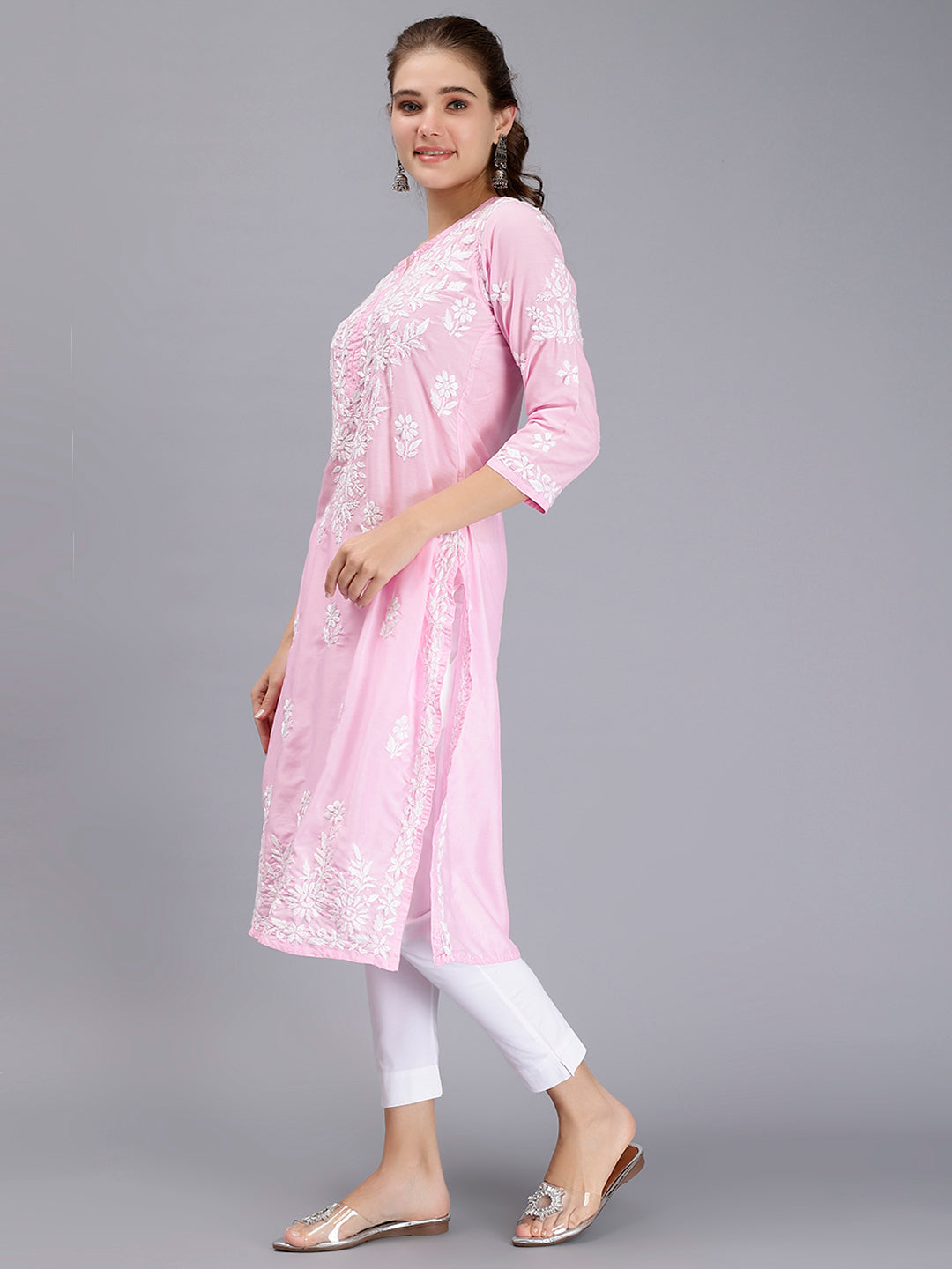 Pink Muslin Handwoven Chikankari Kurti