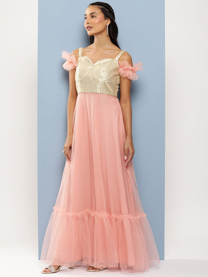 Pink Net Gown with Silver Sequin Embroidered Corset