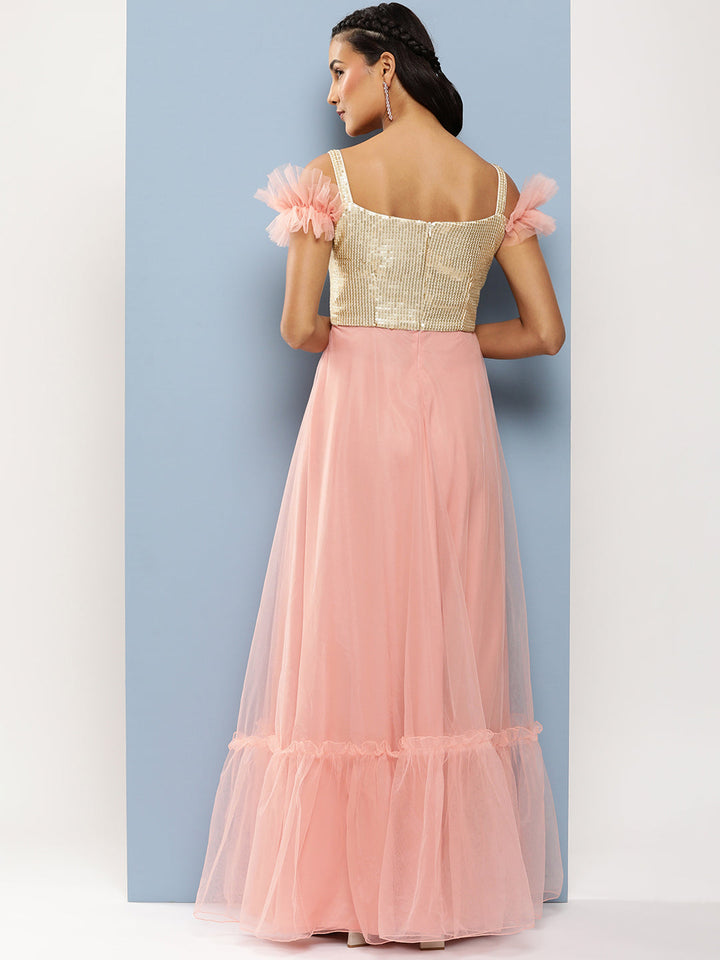 Pink Net Gown with Silver Sequin Embroidered Corset