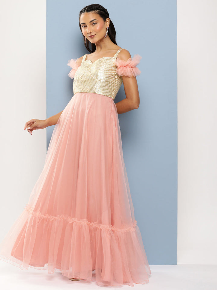 Pink Net Gown with Silver Sequin Embroidered Corset
