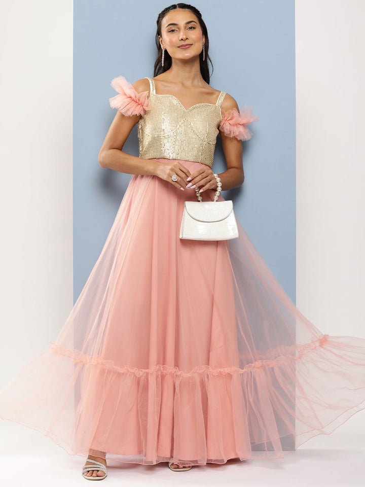 Pink Net Gown with Silver Sequin Embroidered Corset