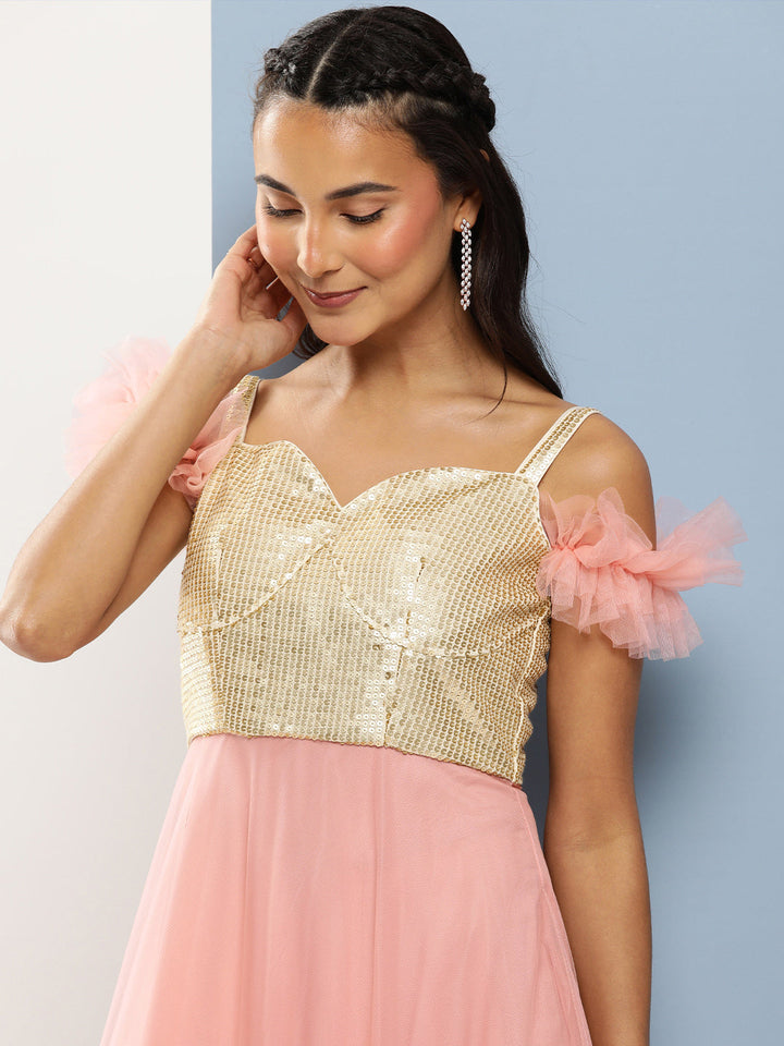 Pink Net Gown with Silver Sequin Embroidered Corset