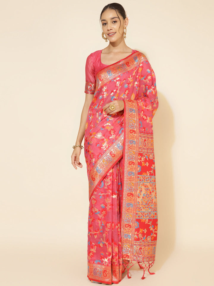 Pink Pashmina Woven Design Chanderi Silk Festive Saree