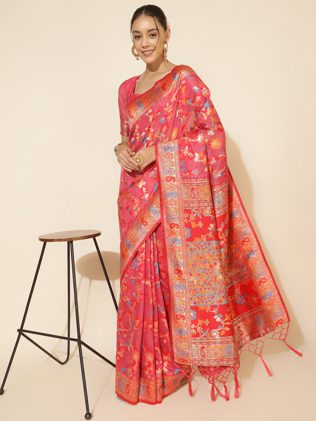 Pink Pashmina Woven Design Chanderi Silk Festive Saree