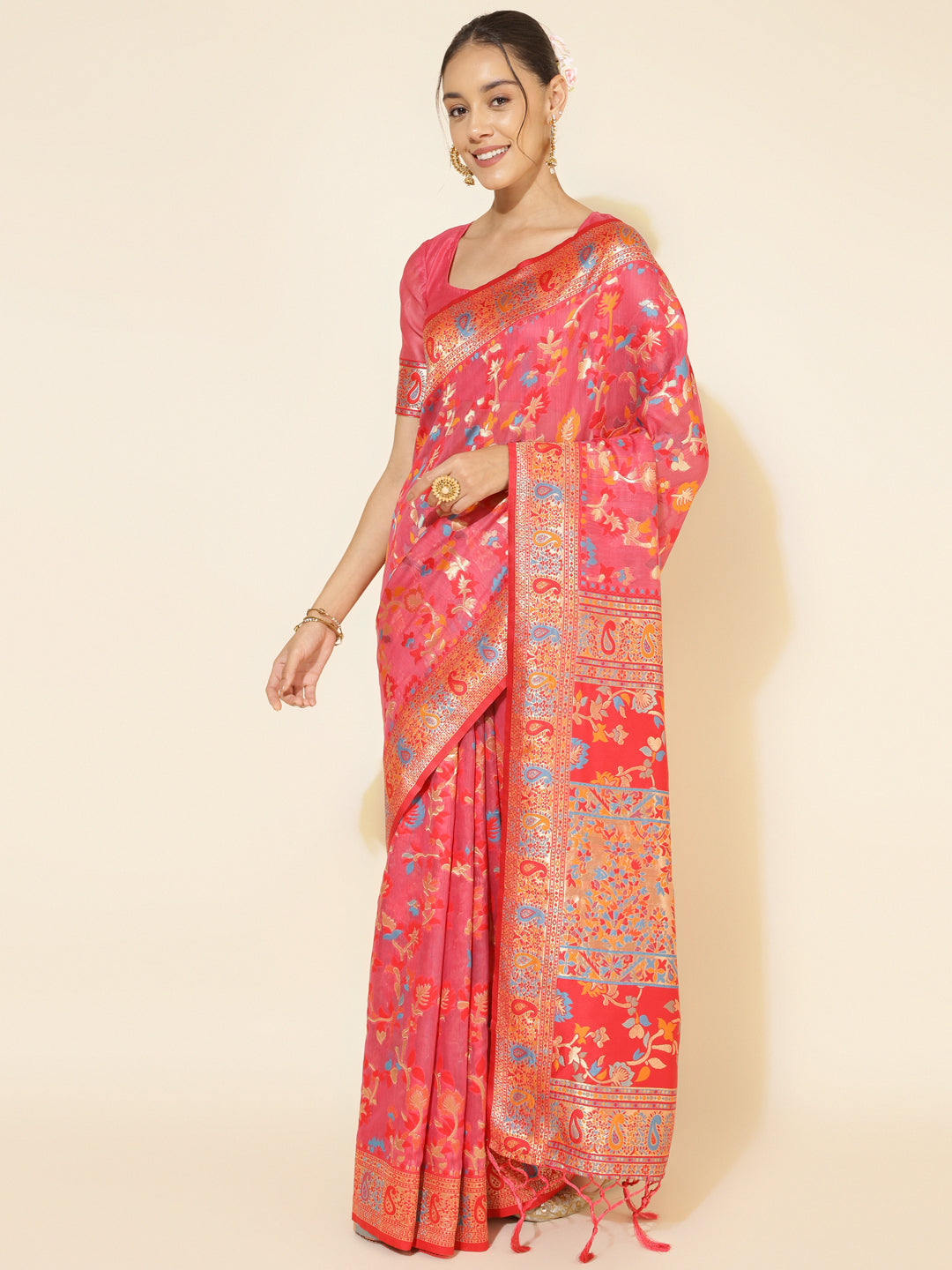 Pink Pashmina Woven Design Chanderi Silk Festive Saree