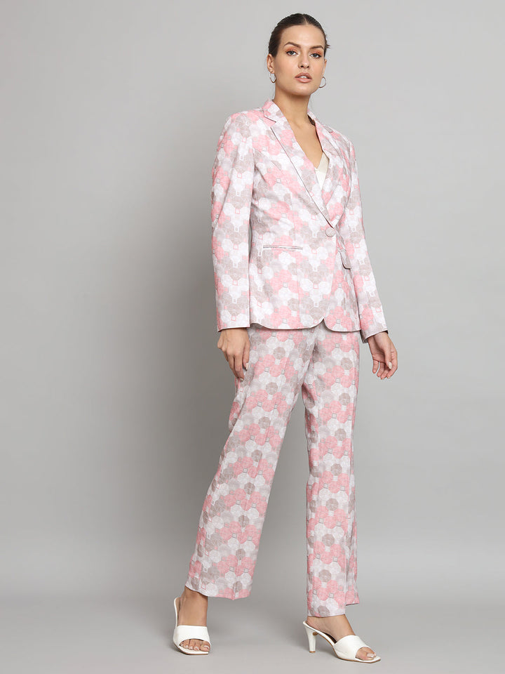 Pink Printed Full Sleeves Blazer & Pant Set