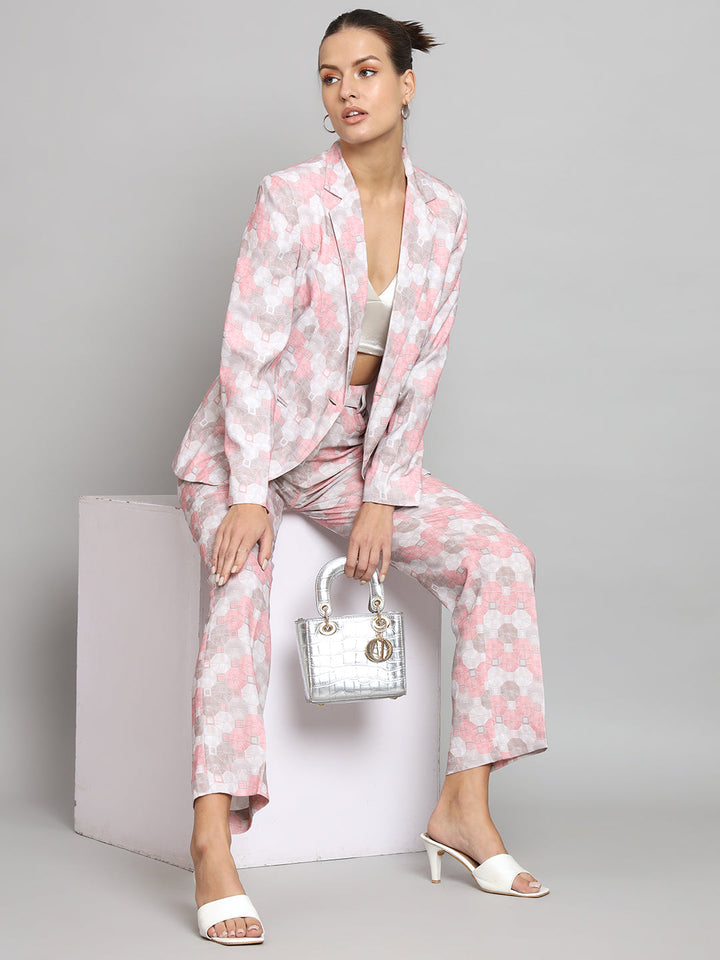 Pink Printed Full Sleeves Blazer & Pant Set