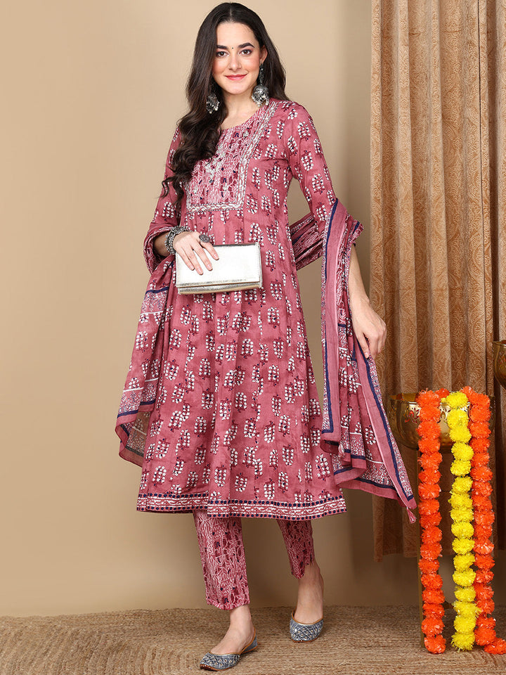 Pink Pure Cotton Ethnic Motifs Printed Flared Kurta Trouser With Dupatta