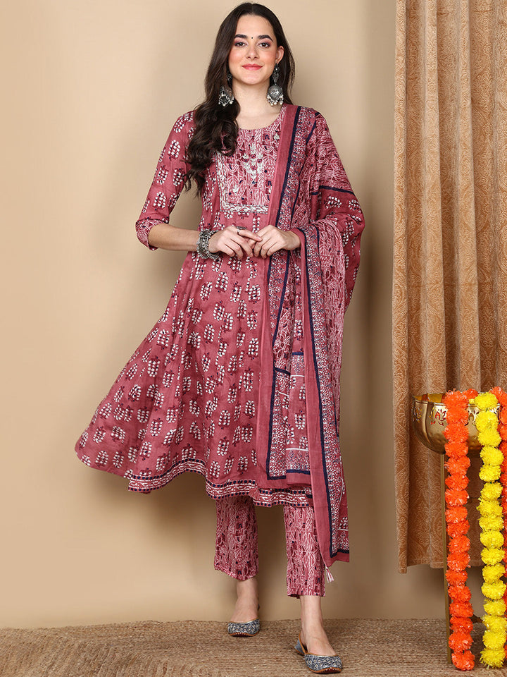 Pink Pure Cotton Ethnic Motifs Printed Flared Kurta Trouser With Dupatta