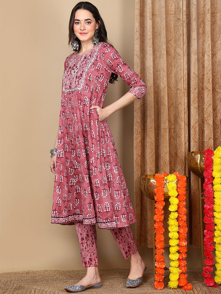 Pink Pure Cotton Ethnic Motifs Printed Flared Kurta Trouser With Dupatta