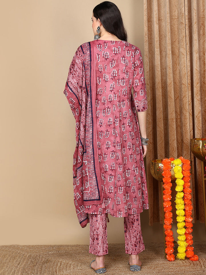 Pink Pure Cotton Ethnic Motifs Printed Flared Kurta Trouser With Dupatta