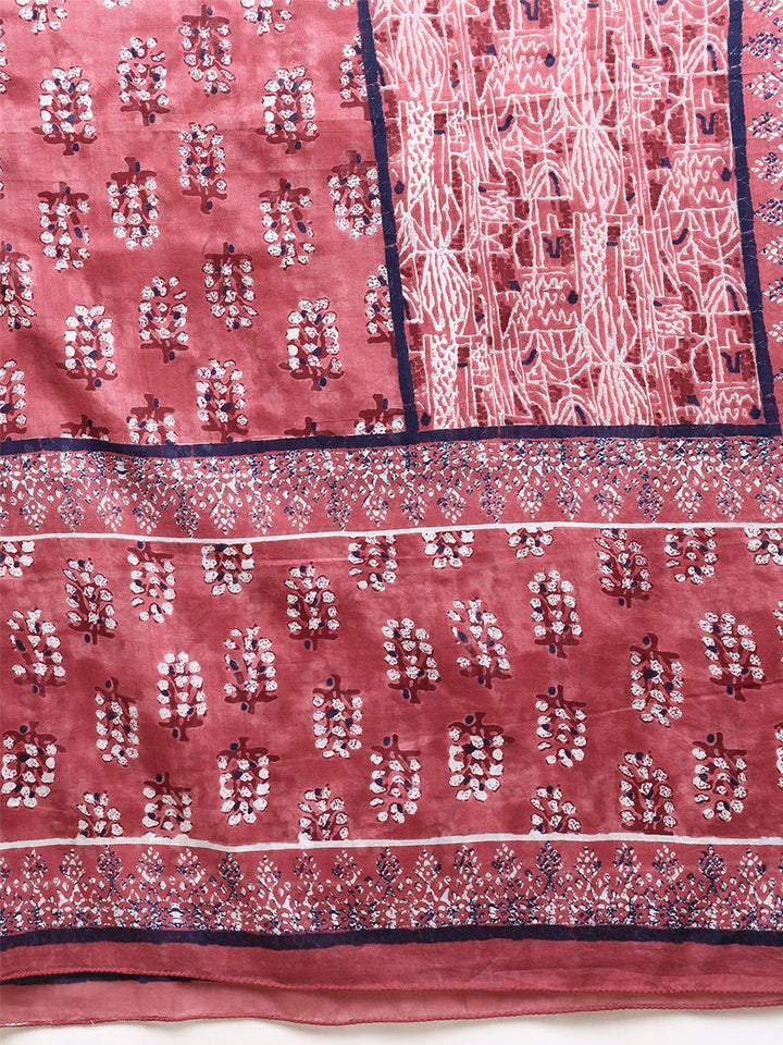 Pink Pure Cotton Ethnic Motifs Printed Flared Kurta Trouser With Dupatta