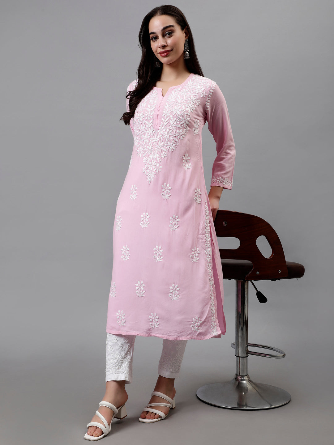 Pink-Rayon-Hand-Embroidered-Lucknowi-Chikankari-Kurti