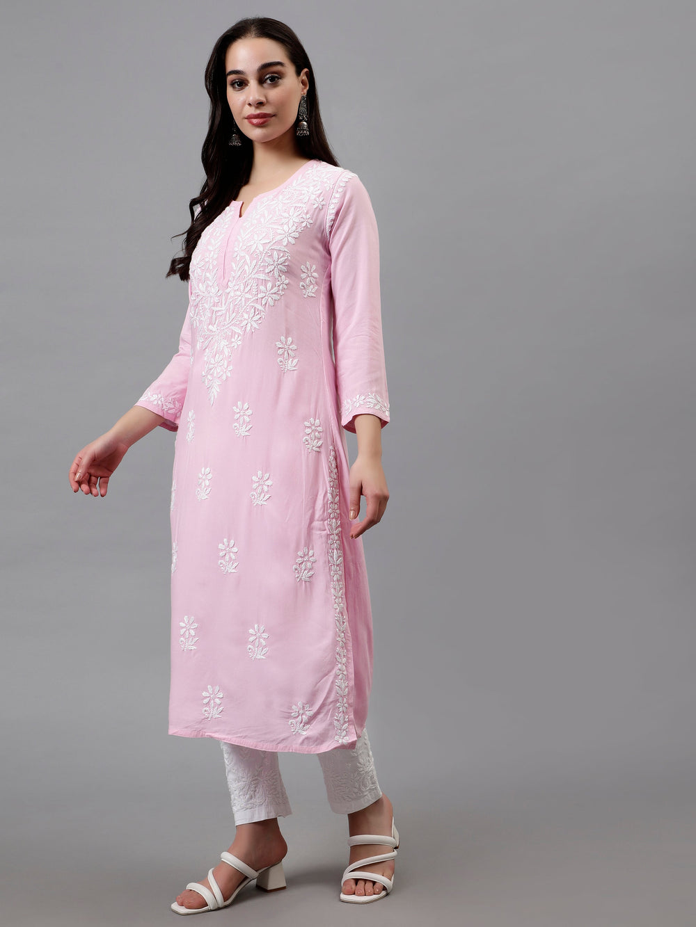 Pink-Rayon-Hand-Embroidered-Lucknowi-Chikankari-Kurti