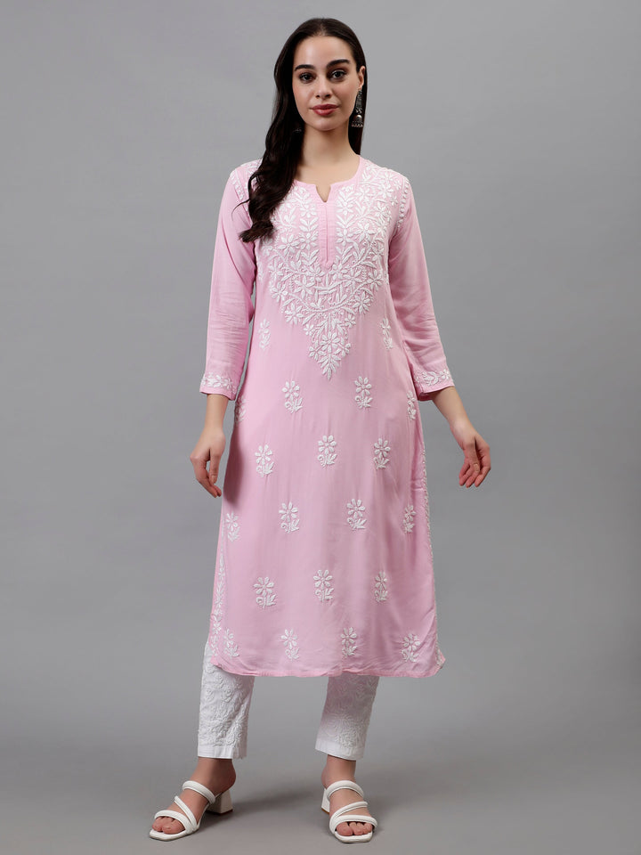 Pink-Rayon-Hand-Embroidered-Lucknowi-Chikankari-Kurti