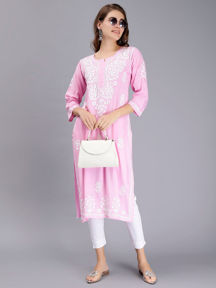 Pink Rayon Handwoven Chikankari Kurti