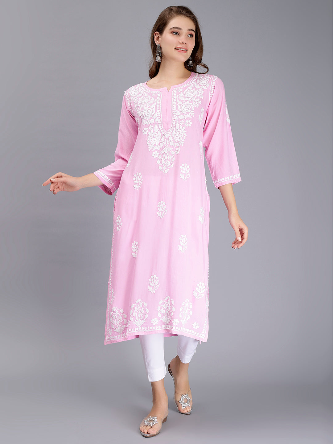 Pink Rayon Handwoven Chikankari Kurti