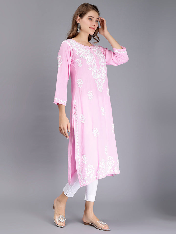 Pink Rayon Handwoven Chikankari Kurti