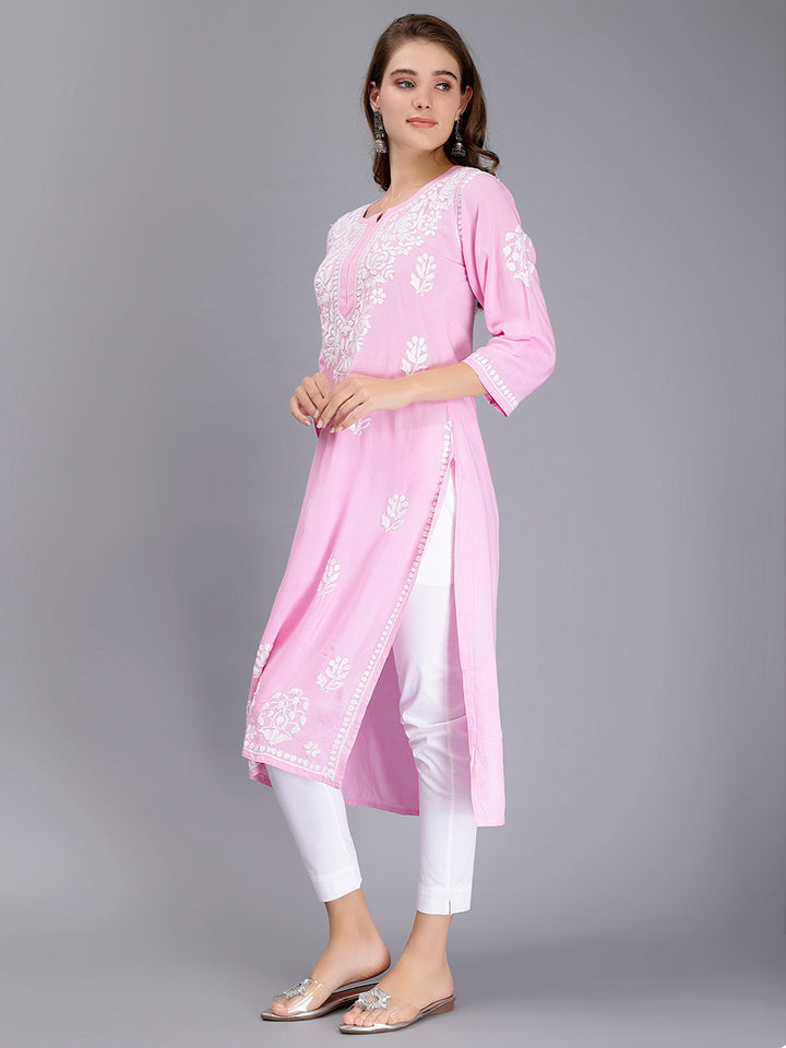 Pink Rayon Handwoven Chikankari Kurti