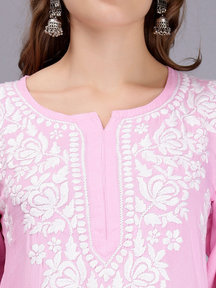 Pink Rayon Handwoven Chikankari Kurti