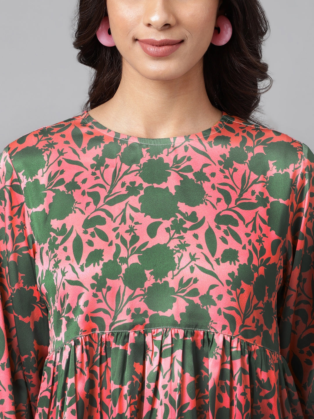 Pink Satin Top with Olive Green Abstract Prints