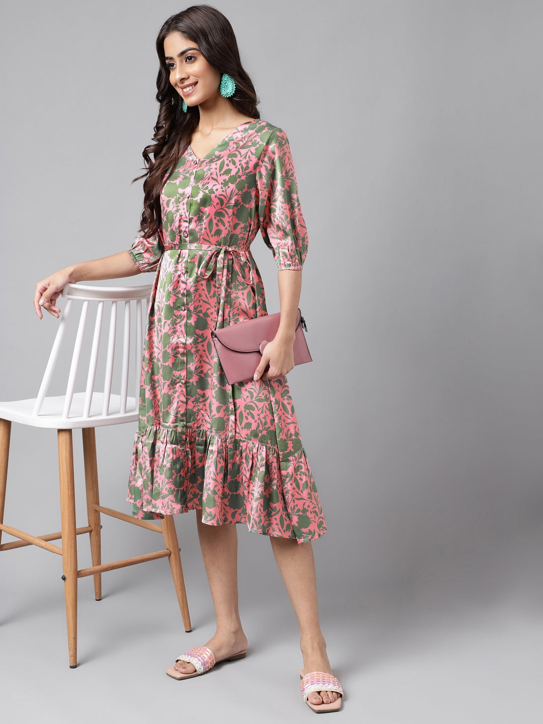 Pink Satin V-Neck Dress with Olive Green Abstract Prints