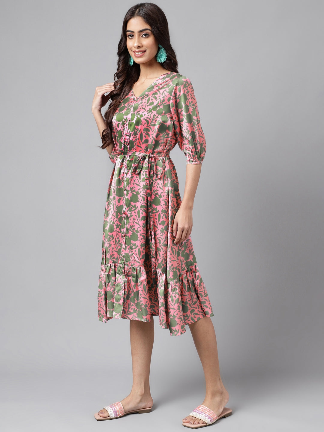 Pink Satin V-Neck Dress with Olive Green Abstract Prints