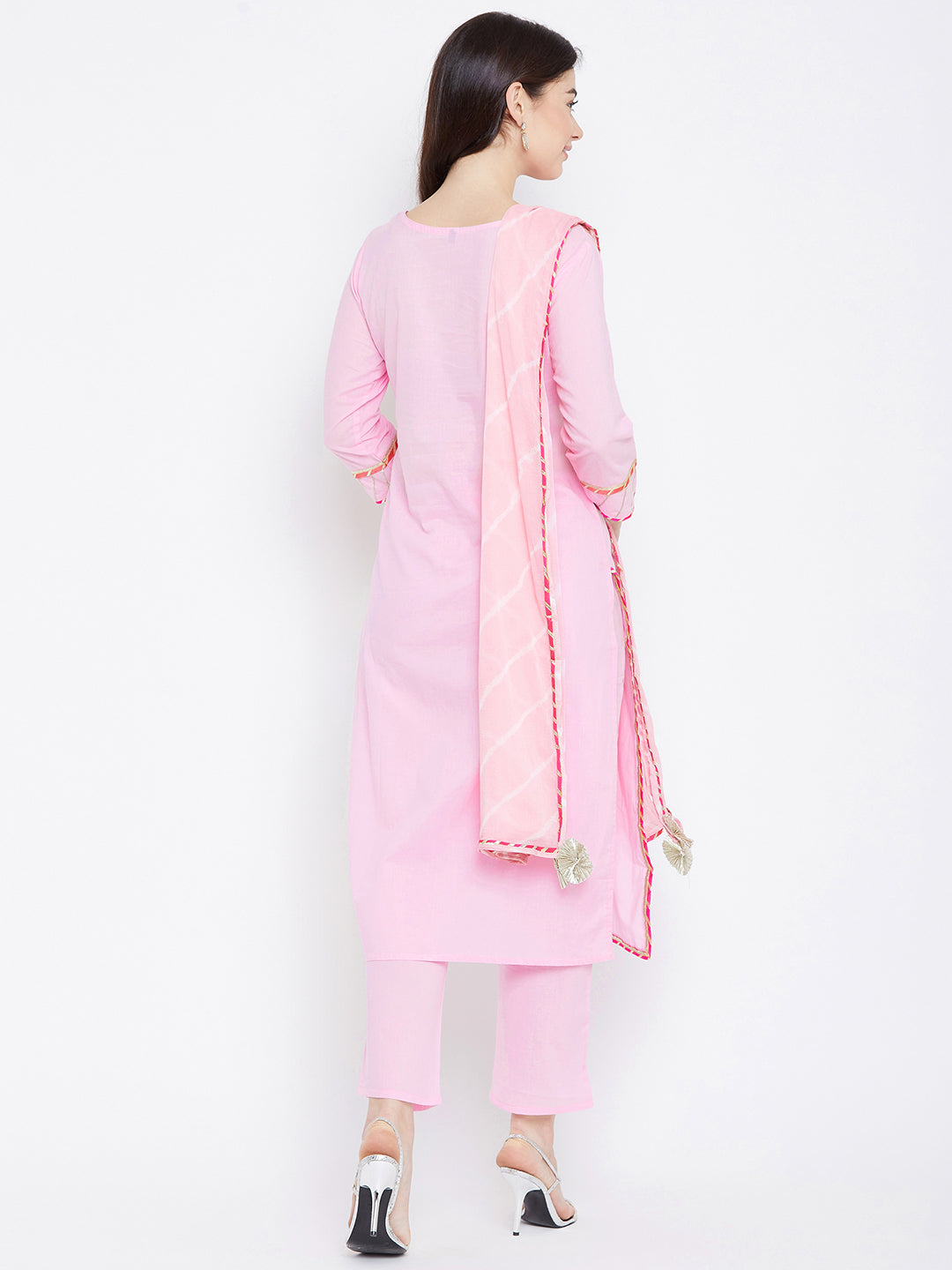 Pink Self Design Kurta With Trousers Dupatta