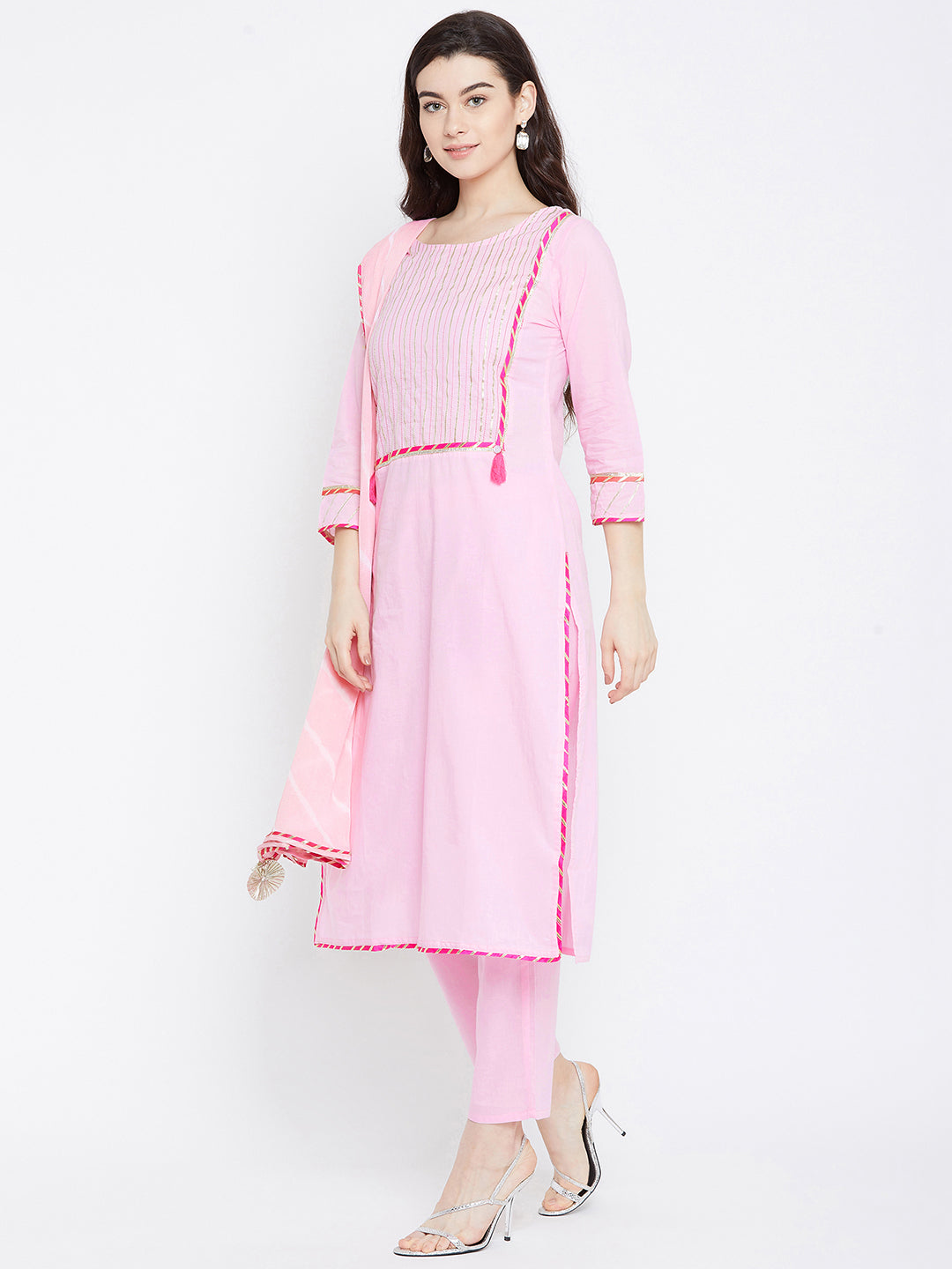 Pink Self Design Kurta With Trousers Dupatta