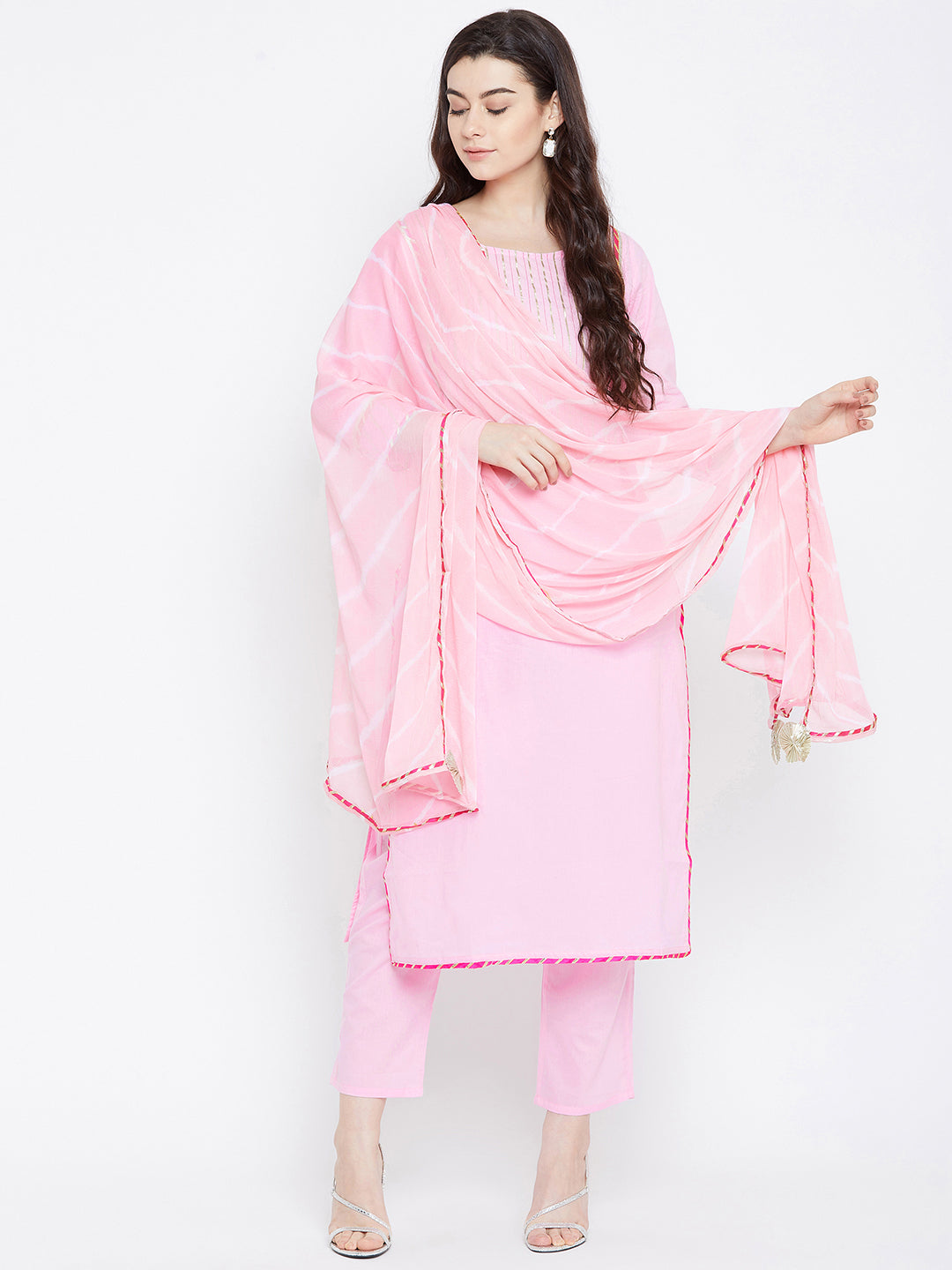 Pink Self Design Kurta With Trousers Dupatta