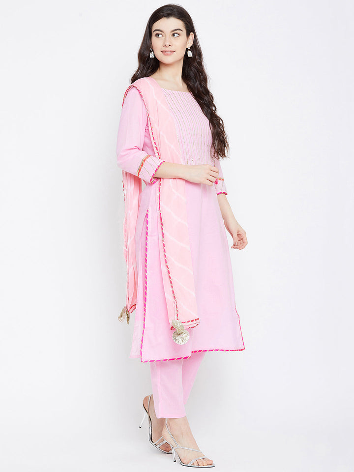 Pink Self Design Kurta With Trousers Dupatta