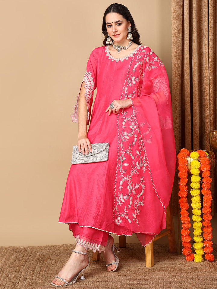 Pink Silk Blend Solid Embroidered Flared Kurta Trouser With Dupatta