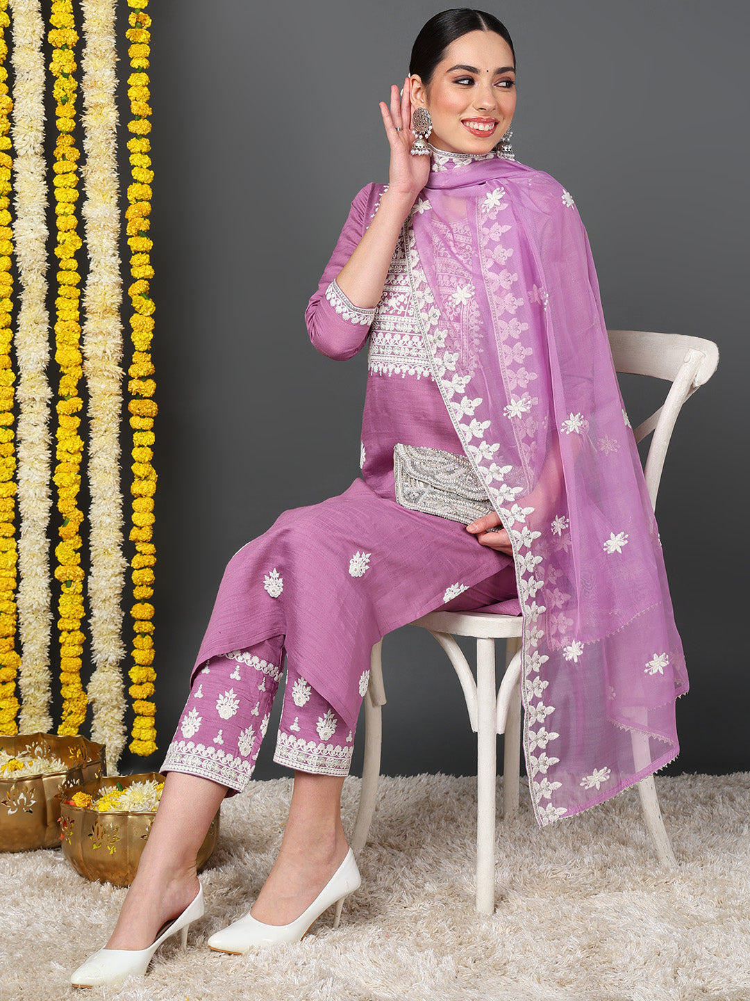 Pink Silk Blend Solid Embroidered Straight Kurta Trouser With Dupatta