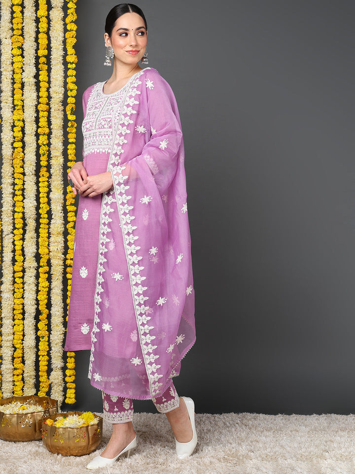 Pink Silk Blend Solid Embroidered Straight Kurta Trouser With Dupatta