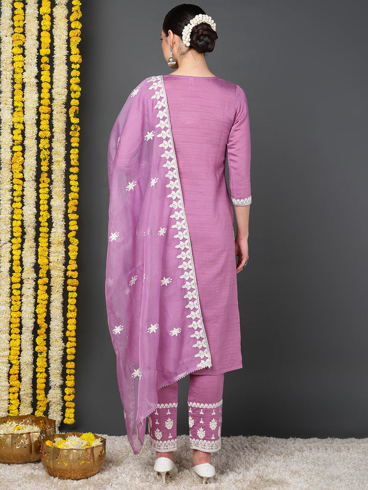 Pink Silk Blend Solid Embroidered Straight Kurta Trouser With Dupatta