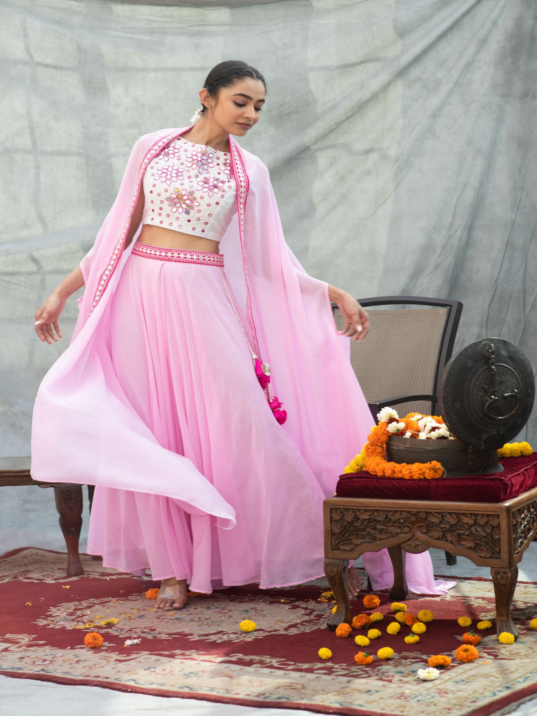 Pink-Skirt-Set-With-Mirrorwork-Top