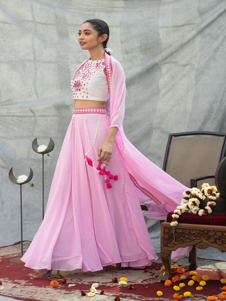 Pink-Georgette-Mirror-worked-Skirt-Set-with-Shrug