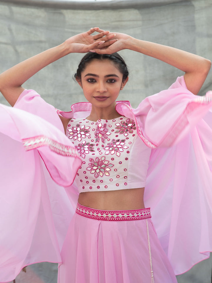 Pink-Georgette-Mirror-worked-Skirt-Set-with-Shrug