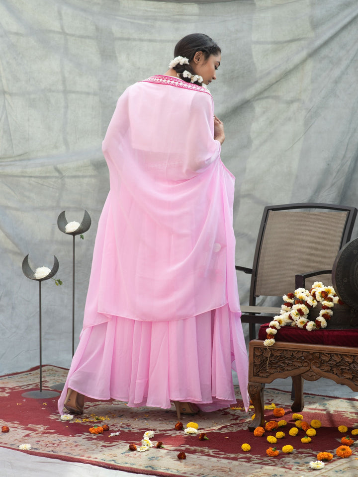 Pink-Georgette-Mirror-worked-Skirt-Set-with-Shrug