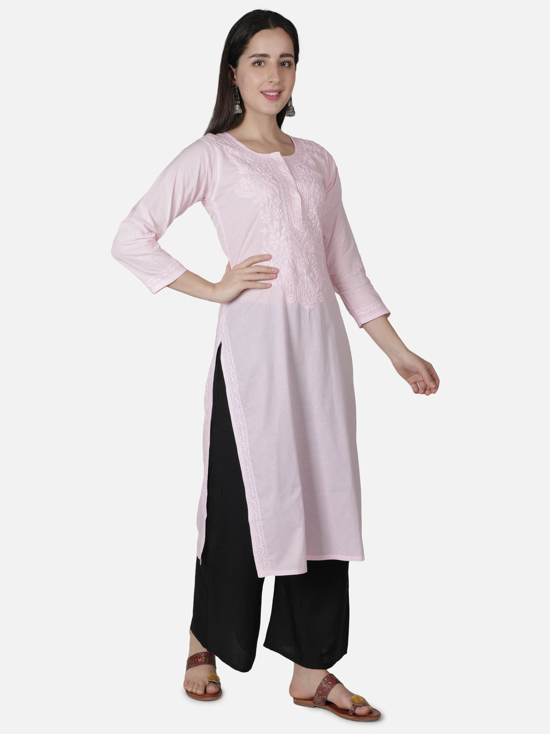 Pink Straight Chikankari Kurta with Placket