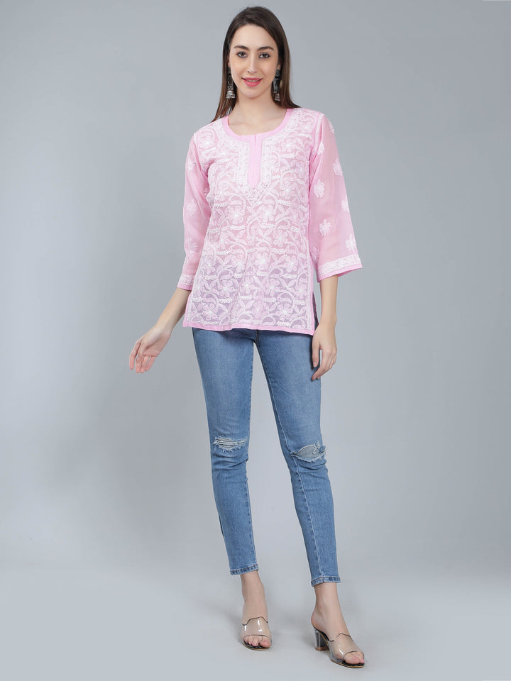 Pink Terivoil Cotton Chikankari Tunic Top