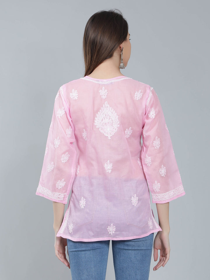 Pink Terivoil Cotton Chikankari Tunic Top