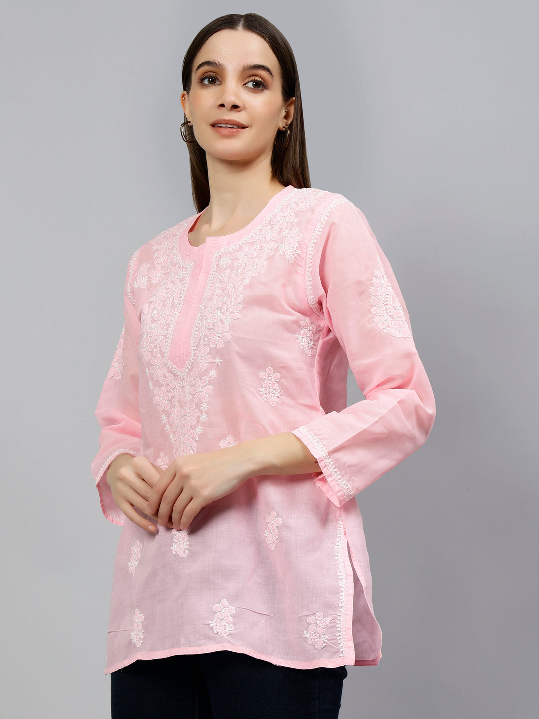 Pink Terivoil Cotton Embroidered Chikankari Short Tunic
