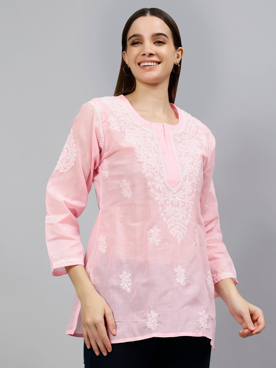Pink Terivoil Cotton Embroidered Chikankari Short Tunic