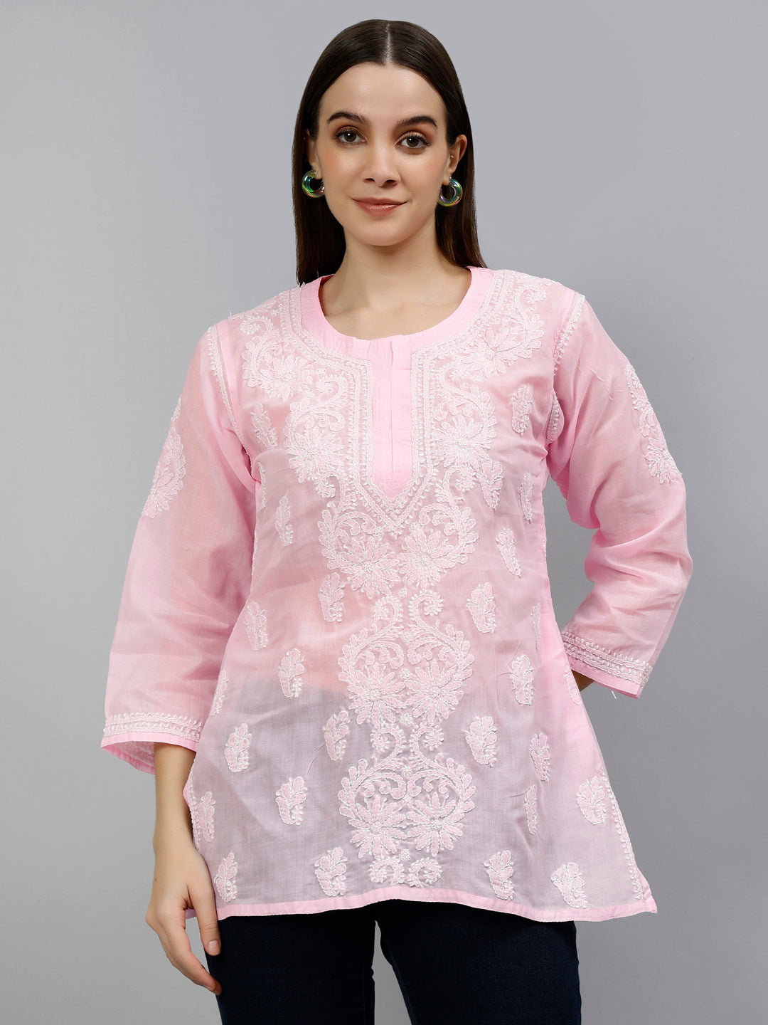 Pink Terivoil Cotton Embroidered Lucknowi Chikankari Tunic
