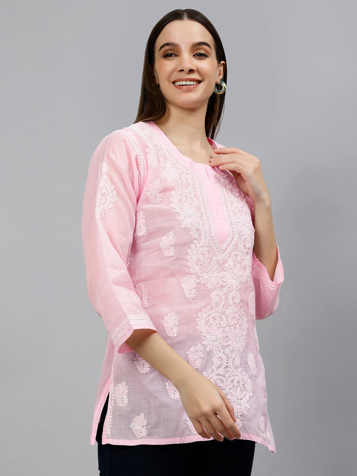 Pink Terivoil Cotton Embroidered Lucknowi Chikankari Tunic