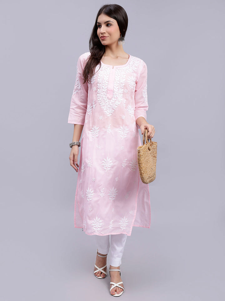 Pink Terivoil Cotton Handwoven Chikankari Kurti