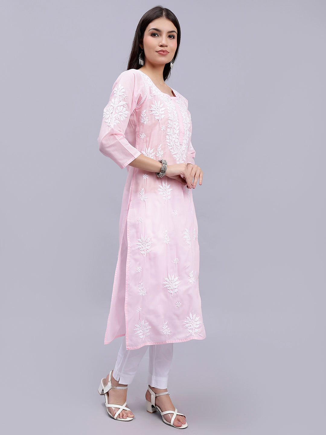 Pink Terivoil Cotton Handwoven Chikankari Kurti